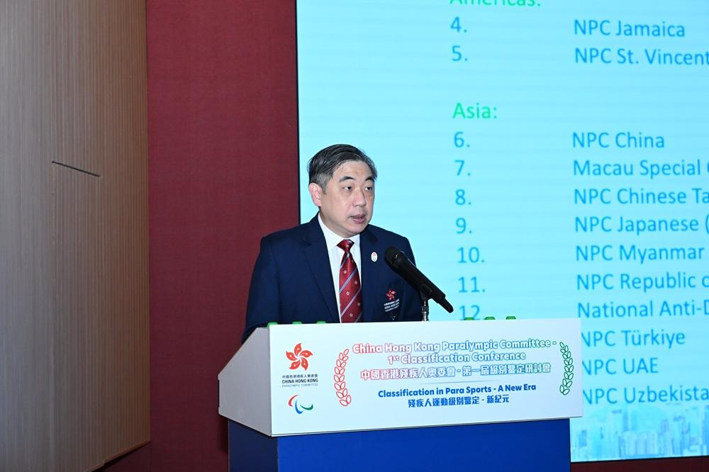 Vice President of China Hong Kong Paralympic Committee cum Chairman of Sports Association for the Physically Disabled of Hong Kong, China Dr Leung Lai-yin, John gives the opening speech